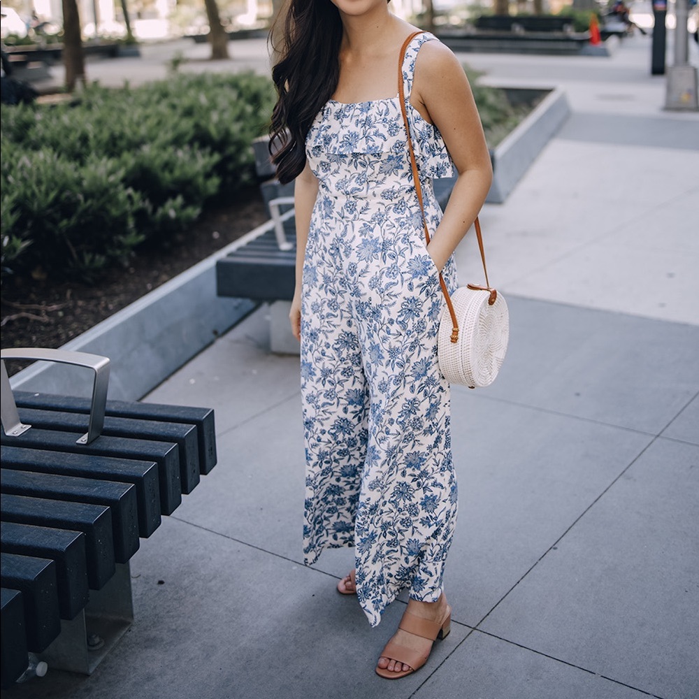 Blue and white floral jumpsuit